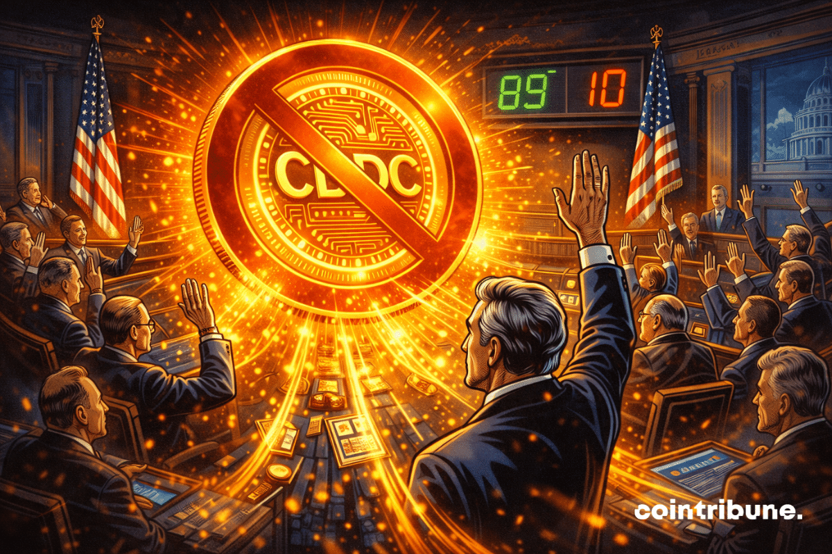 Sénateurs lèvent la main dans l’hémicycle, immense pièce numérique barrée brille, tableau affiche 89 contre 10, drapeaux américains entourent scène.