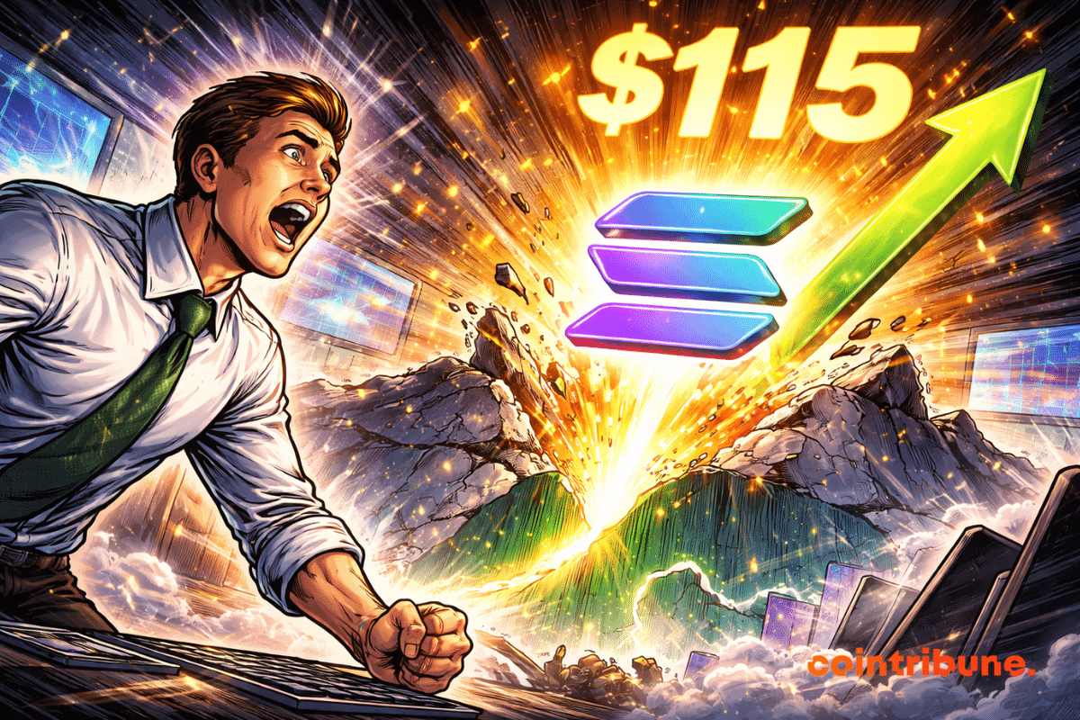 Trader choqué observe Solana exploser au-dessus de 115, barrière brisée violemment, flèche verte monte, écrans s’illuminent, énergie de marché en hausse