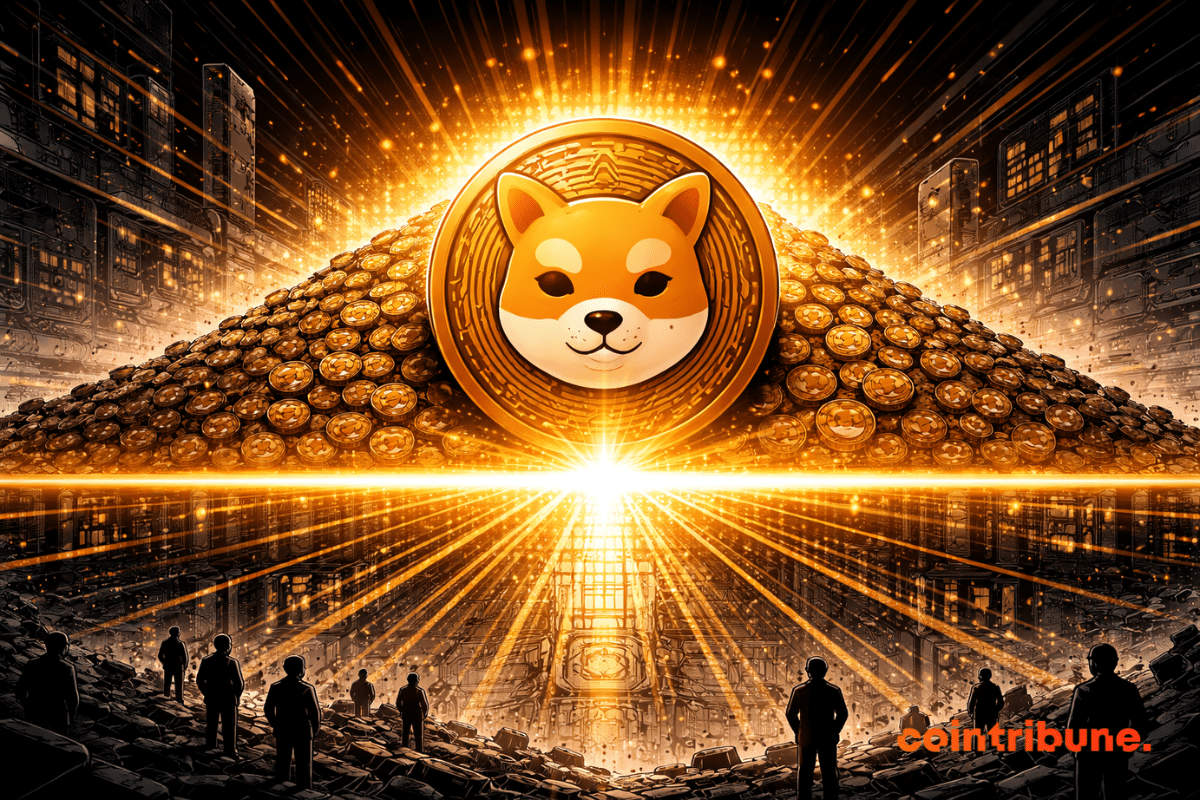 Dans un décor abstrait d’exchange crypto, une grande pièce Shiba Inu avance vers une immense ligne critique lumineuse. Derrière elle, une masse gigantesque de jetons ou de volumes monétaires s’accumule comme une marée compacte, poussant visuellement l’ensemble vers ce seuil.