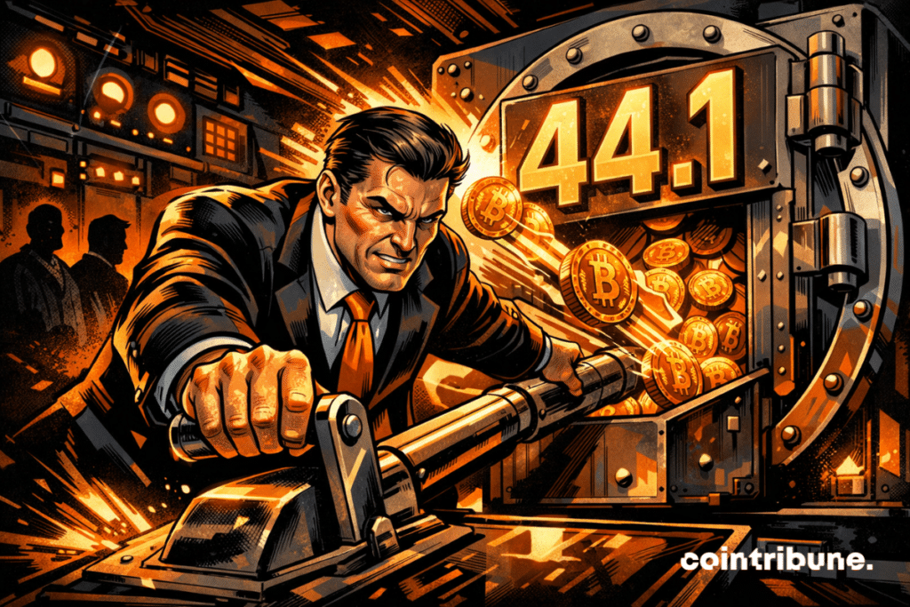 An executive pulls a lever to send bitcoins into a vault.