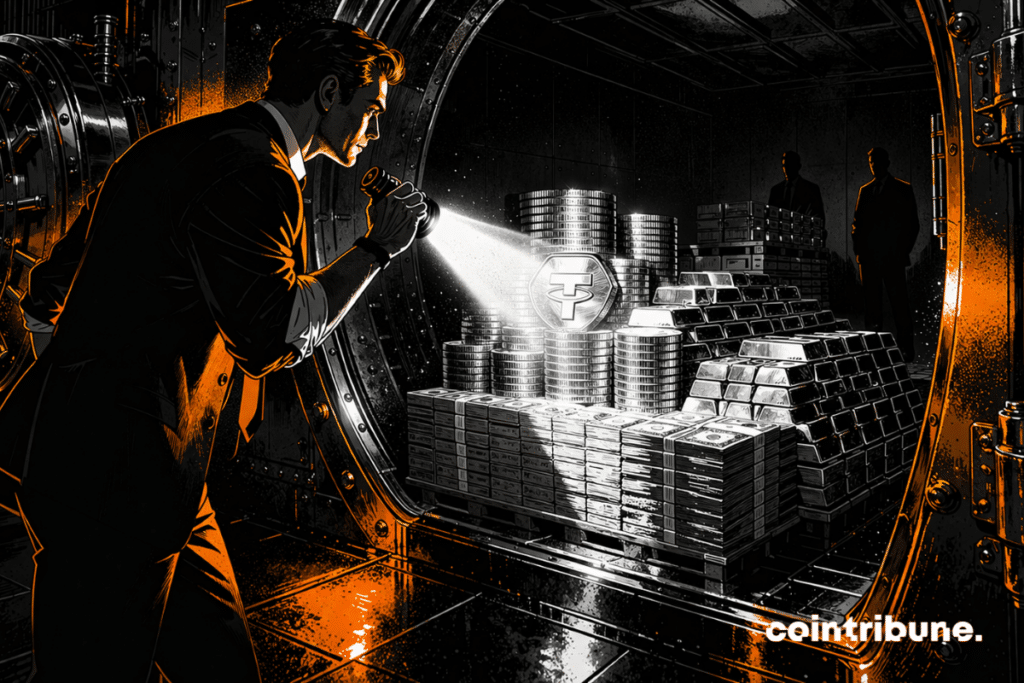 Un auditeur/inspecteur financier, une lampe d’inspection ou un faisceau lumineux en main observe des réserves de Tether soigneusement empilées dans la chambre forte.