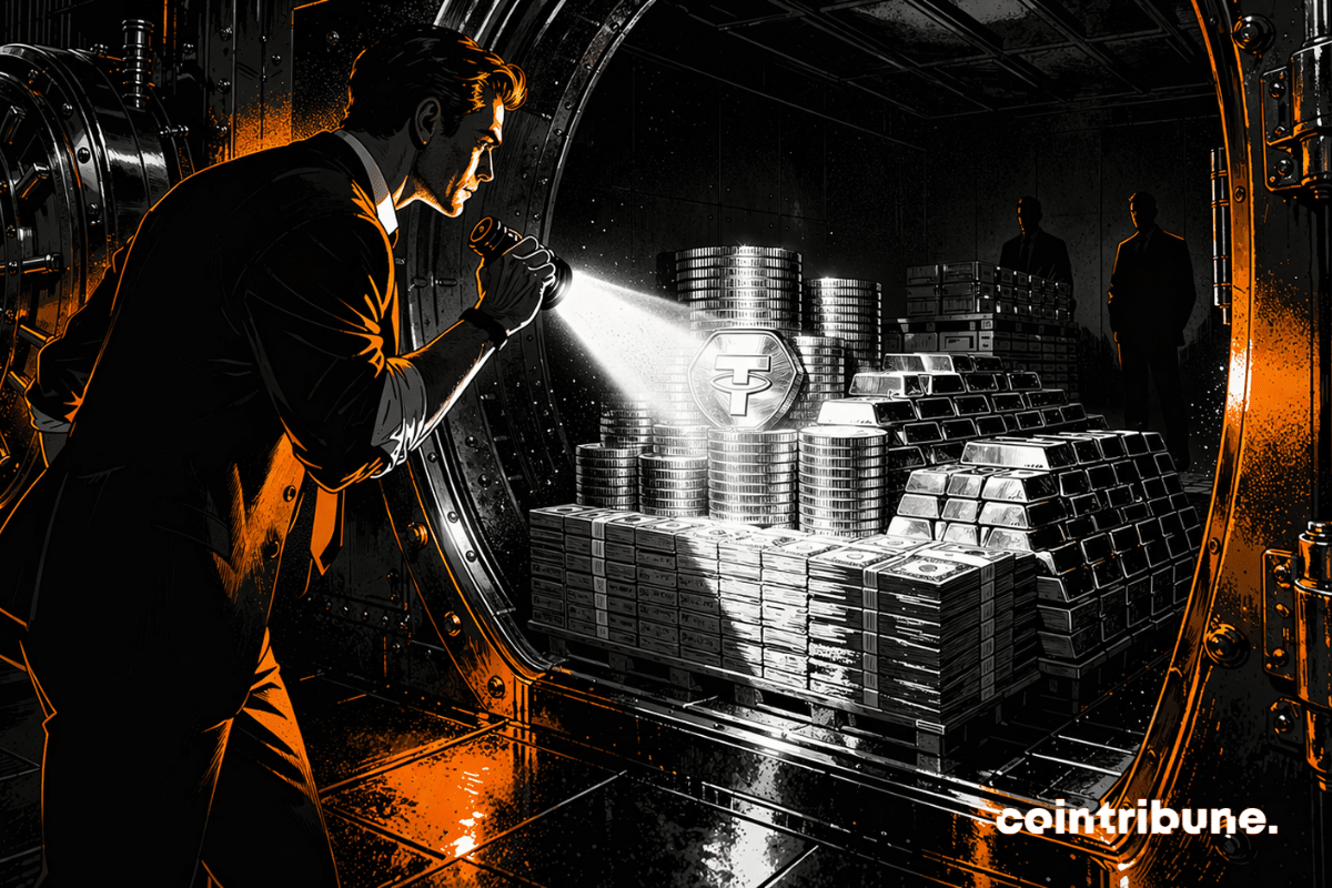 An auditor/financial inspector, holding an inspection lamp or a beam of light, examines Tether reserves carefully stacked inside a vault.