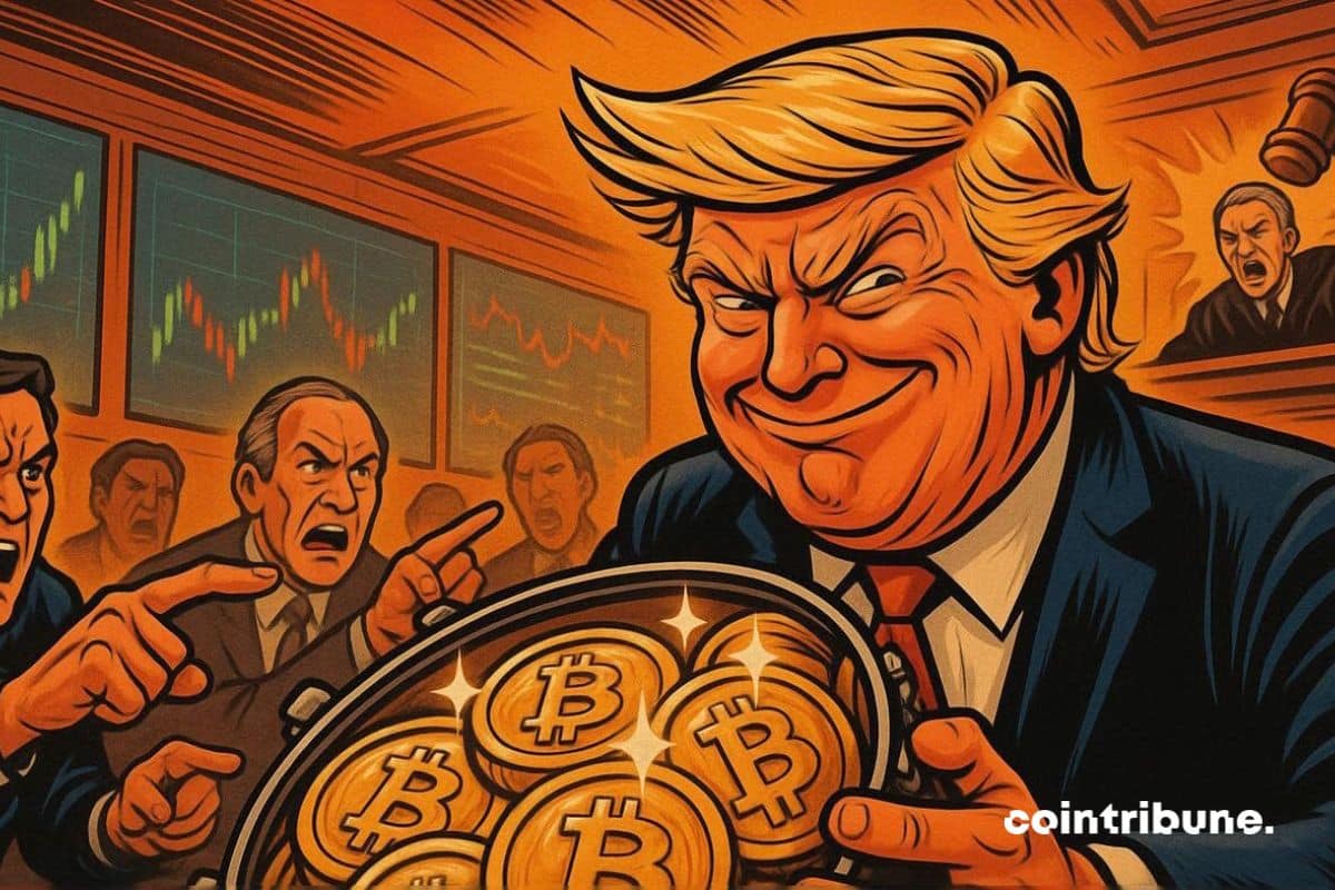 Donald Trump malicieux avec des cryptos en main, sous l’accusation des démocrates.