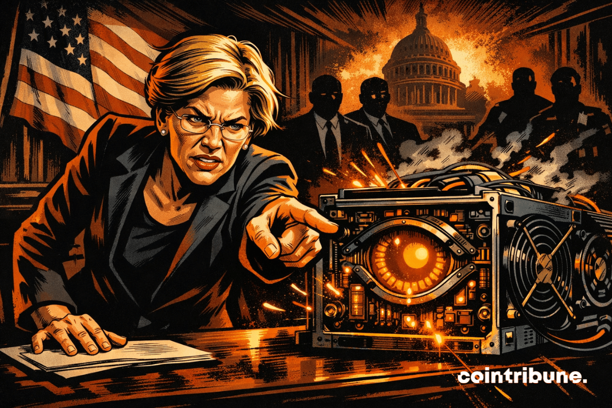 Accusatory senator facing an orange Bitcoin mining machine.