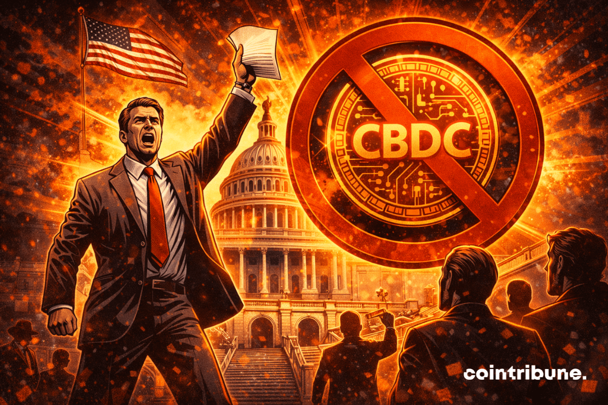 Sénateur brandit document devant Capitole, immense symbole CBDC barré flamboyant, drapeau américain flotte, foule observe décision politique radicale.