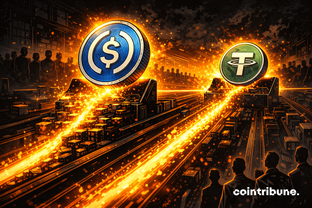 In a financial arena, two abstract coins representing two major stablecoins move along the same flow track. The USDC coin moves ahead with a denser, more stable base, fueled by greater volume. The USDT coin follows on a parallel trajectory, but with less visual mass beneath it.