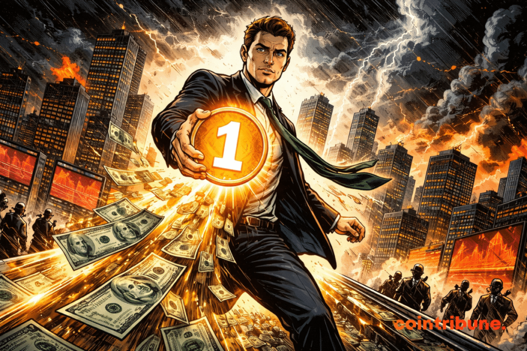 A character symbolizing Tether crypto holding up a coin