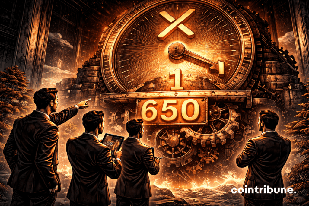 Un immense compteur mécanique industriel est composé d’un cadran circulaire massif en haut et d’un système d’engrenages imposants en dessous. Sur le cadran principal, une grande aiguille métallique descend vers un repère gravé profondément dans le métal avec le chiffre 1. Sous le cadran, des engrenages massifs en rotation lente portent le chiffre 650, gravé sur une plaque métallique encastrée dans le mécanisme inférieur. Le symbole XRP est suspendu au-dessus du compteur, légèrement incliné vers le bas, suggérant une pression descendante.