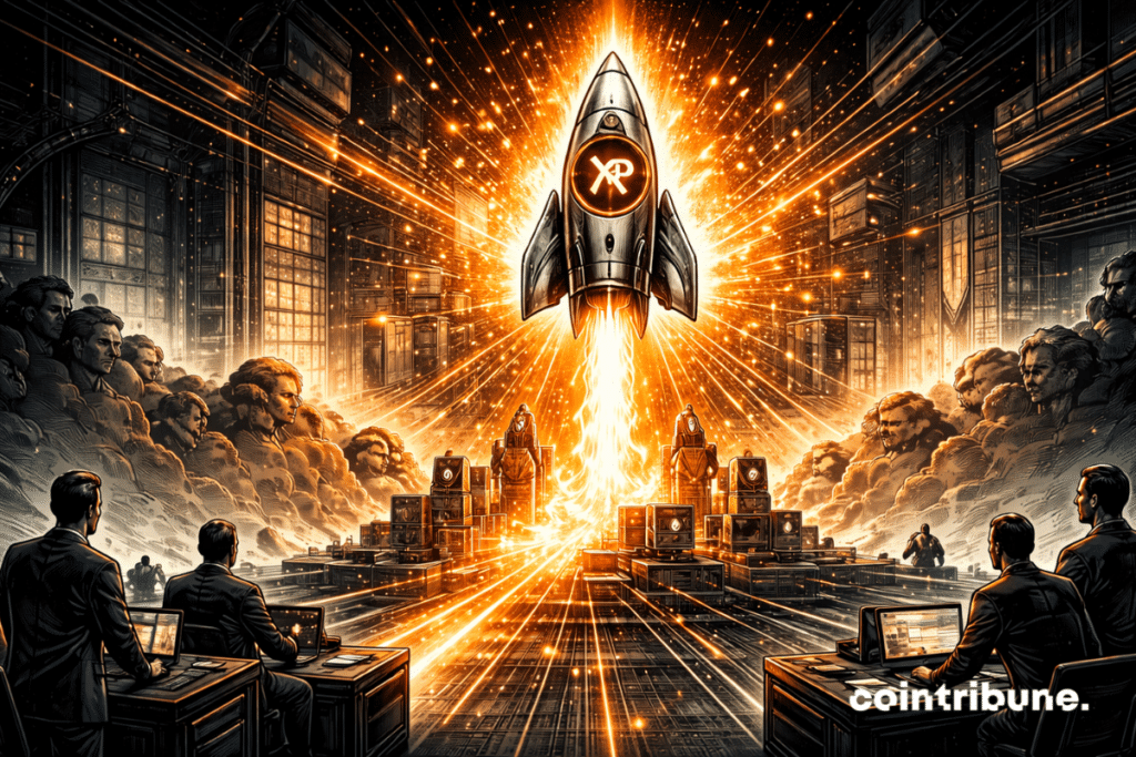 Dans un décor hybride entre centre financier et plateforme de lancement abstraite, un module visuel lié au XRP s’élève brutalement depuis une rampe de marché. Il ne s’agit pas d’une fusée classique, mais d’un véhicule financier symbolique, compact, élégant, construit avec des formes géométriques et des éléments de trading abstraits. Toute la scène doit suggérer que la demande sur les dérivés XRP propulse soudainement l’actif dans une phase d’intensité spéculative.