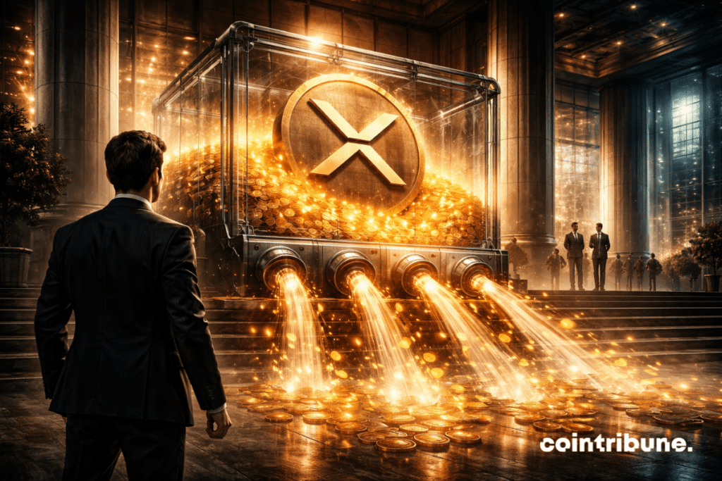A large transparent reservoir or glass vault filled with glowing XRP tokens empties through lower conduits, creating a clearly visible outflow that symbolizes ETF outflows.
