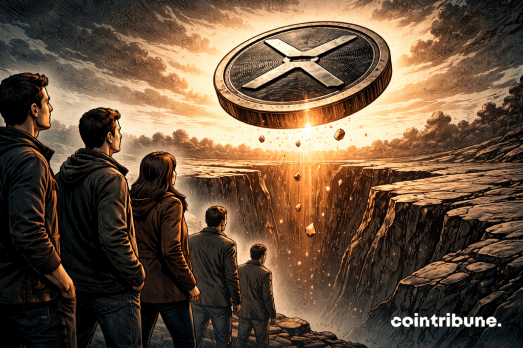 Several ordinary investors stand at the edge of an immense chasm. They look toward a huge XRP coin suspended in the air above the void. Very subtle luminous fragments slowly fall into the abyss, suggesting a gradual latent loss that has not yet been fully realized.
