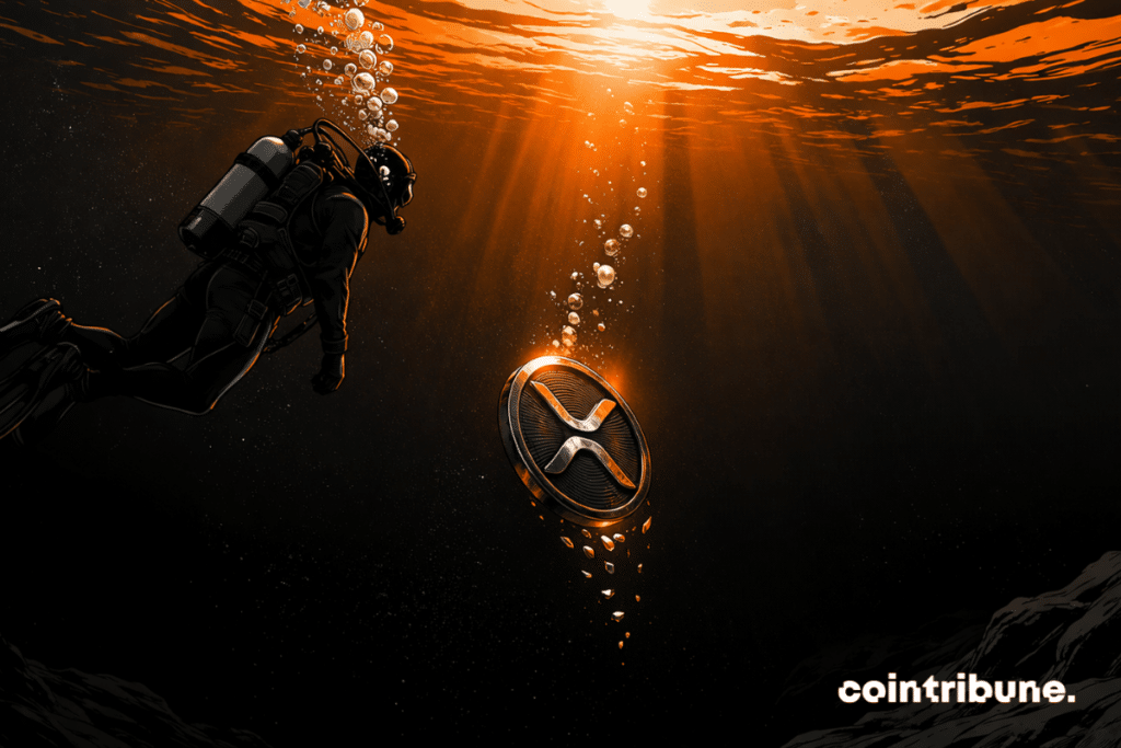 Un plongeur observe un symbole XRP qui coule lentement dans l’eau, ce qui symbolise la chute de l’open interest.