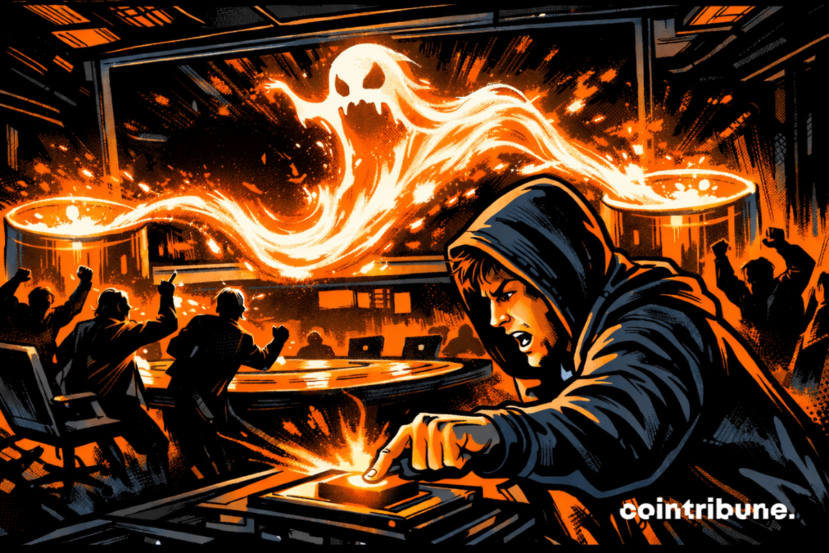 1970s comic book illustration: A crypto developer triggers a chaotic swap; a ghostly orange energy bursts forth; DAO members panic in a futuristic room.