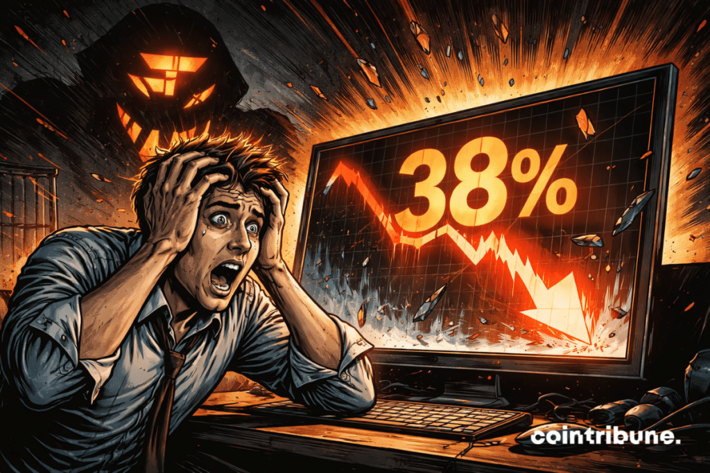 Altcoin investor panics in front of screen displaying a sudden 38% drop, with a threatening shadow behind him and an intense, dramatic black and orange atmosphere.