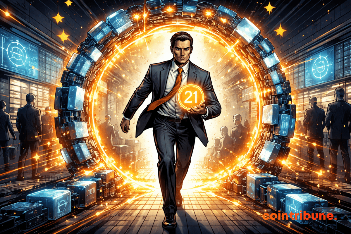 Un banquier traverse un portail blockchain européen tenant une crypto lumineuse « 21 » déterminé