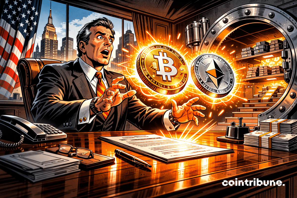 Banquier stupéfait observe deux cryptomonnaies lumineuses flottant devant son bureau tandis qu’un coffre ouvert et New York suggèrent adoption historique.