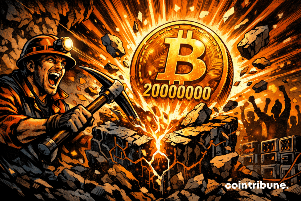 Mineur frappant un bloc numérique libérant un Bitcoin géant marqué 20000000, explosion orange, foule célébrant, rigs miniers, style comics dynamique.