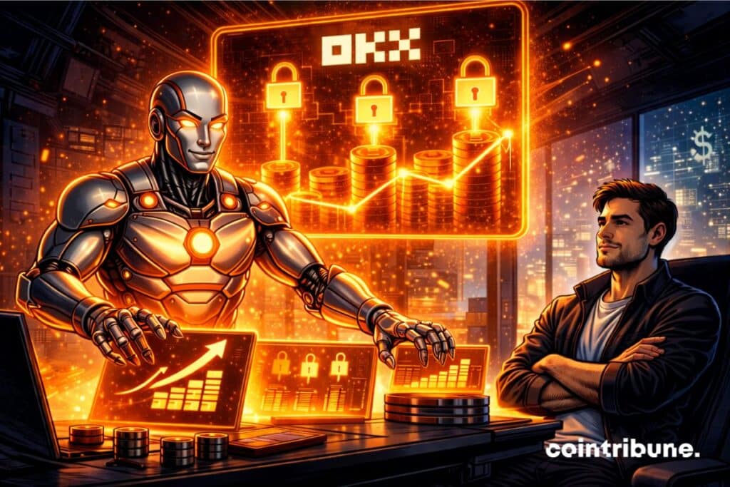 a robot assisting an investor with bullish charts, symbolizing automated trading bots on OKX.