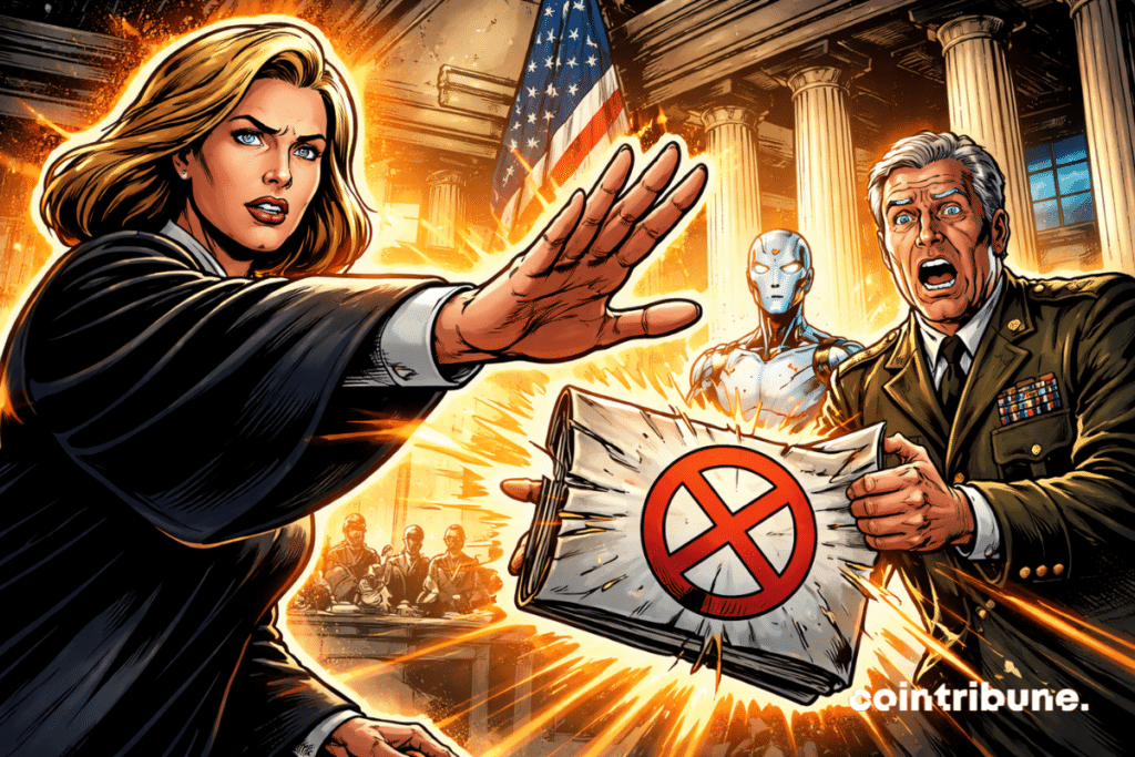 A judge blocks the Pentagon, holding Anthropic’s AI case file, as Trump and an android look on amid judicial chaos.