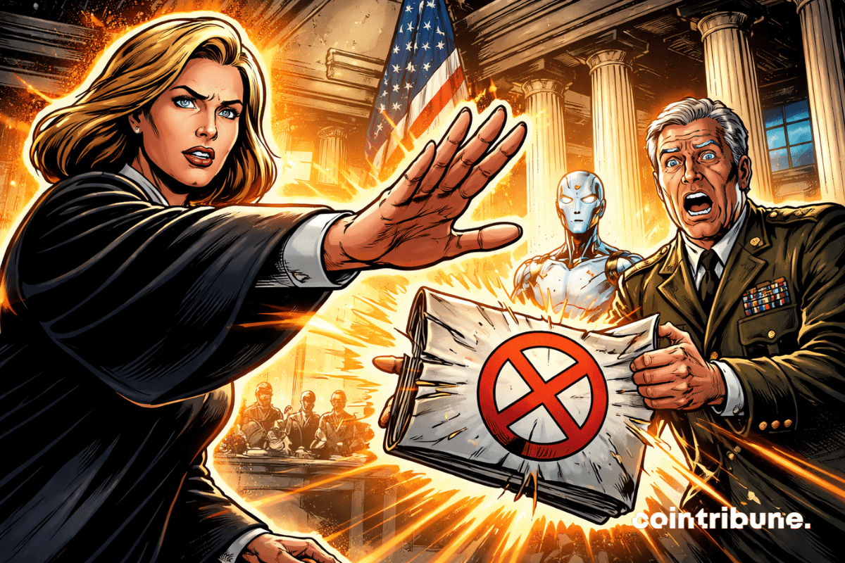 A judge blocks the Pentagon, holding Anthropic’s AI case file, as Trump and an android look on amid judicial chaos.