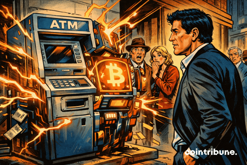 Illustration of an ATM being attacked by a Bitcoin symbol, under the watch of a man, illustrating the disruption of the banking system by crypto.