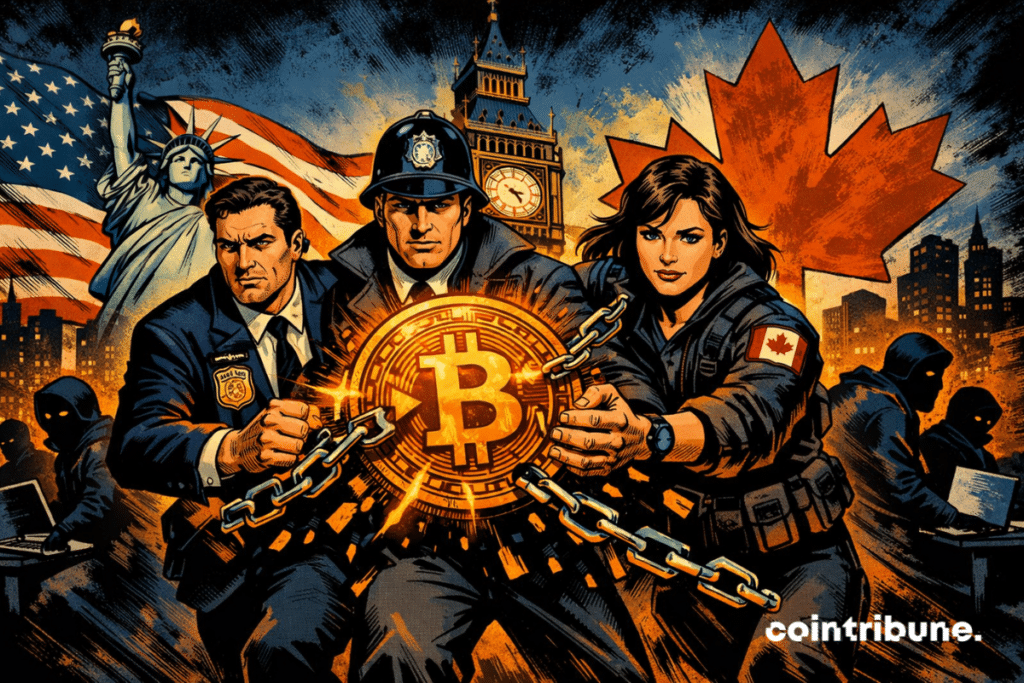 Una alianza entre Estados Unidos, Reino Unido y Canadá rompe las cadenas que rodean a una moneda de Bitcoin, mientras que los hackers de criptomonedas se retiran a las sombras.