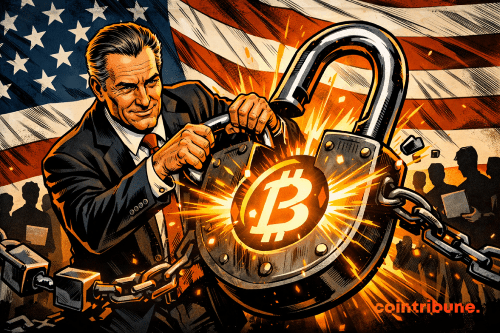 Ilustración de 1970 que muestra a un regulador estadounidense abriendo un candado gigante de Bitcoin, liberando energía naranja, con startups al fondo, simbolizando la innovación en el sector de las criptomonedas y la libertad.