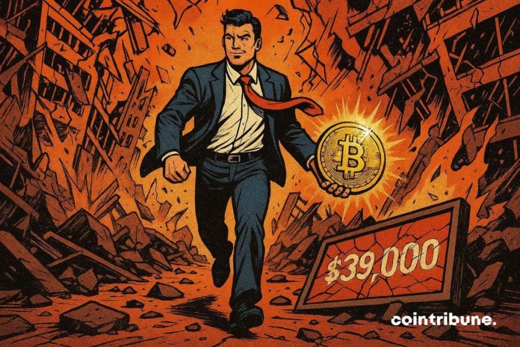 American debt is exploding and an investor is walking confidently with bitcoin in hand.