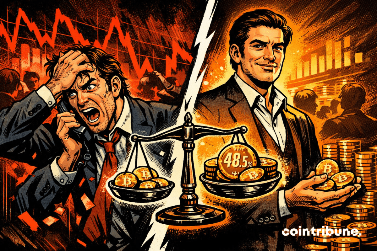 Un trader paniqué face à un investisseur calme accumulant des bitcoins