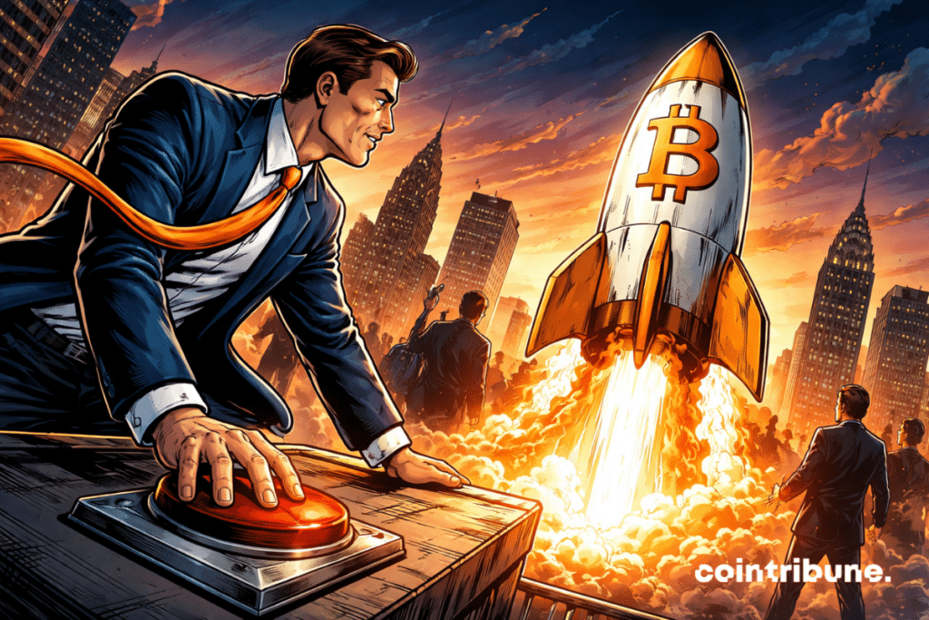 Determined banker launches Bitcoin rocket from New York, symbolizing the explosive rise of crypto ETFs and the dawn of a new financial era