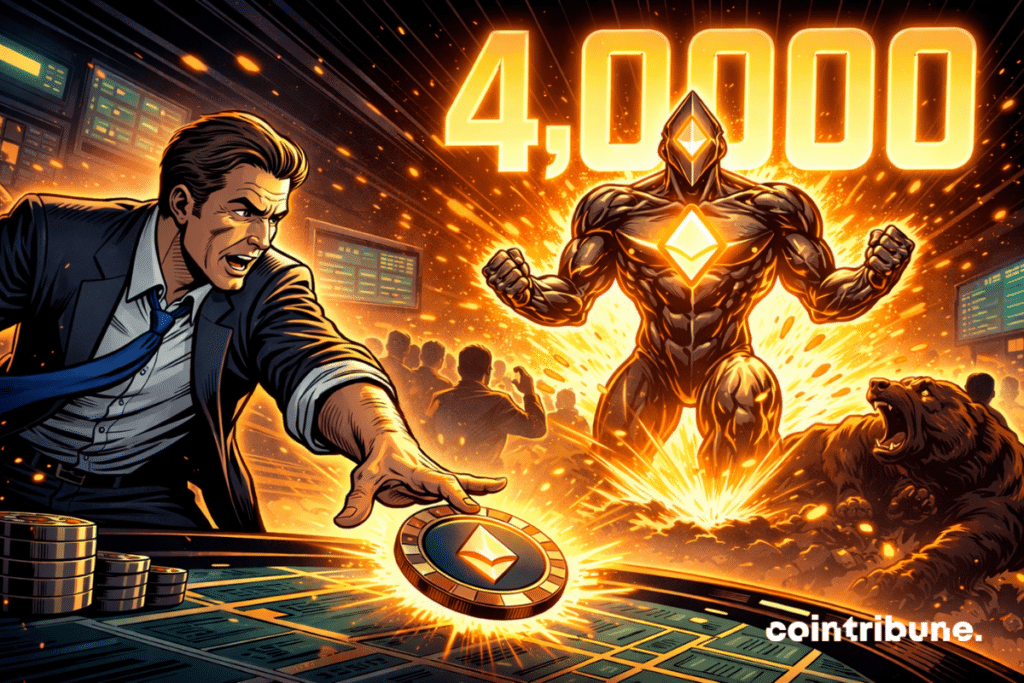 A determined banker betting on Ethereum, a towering figure emerging, 40,000 in the background, the Bitcoin market in turmoil, explosive tension, retro orange comic book style.