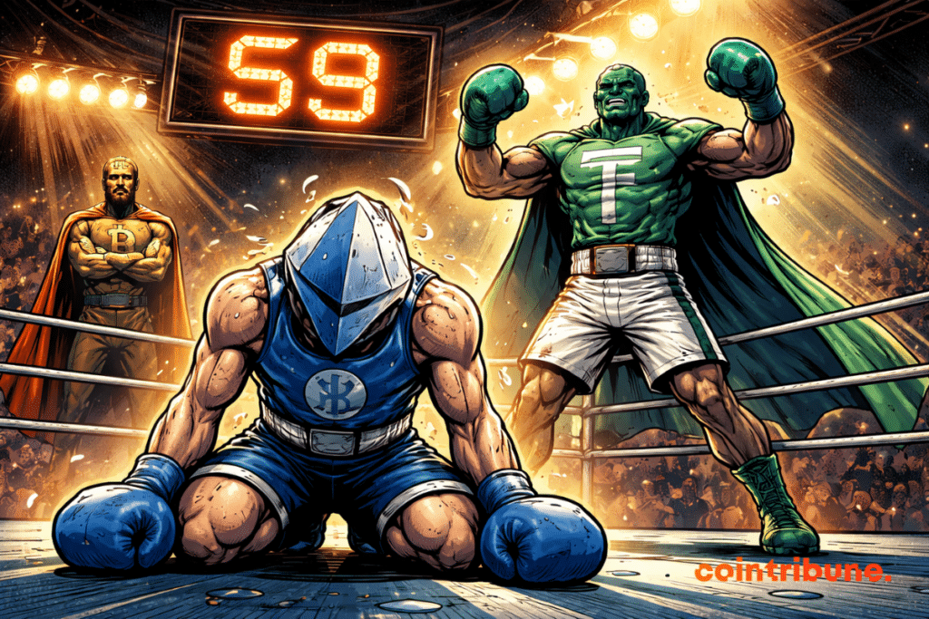 Illustration dramatique style comics : Ethereum à genoux sur un ring, dominé par Tether triomphant, Bitcoin observe, tension maximale, score 59 lumineux.
