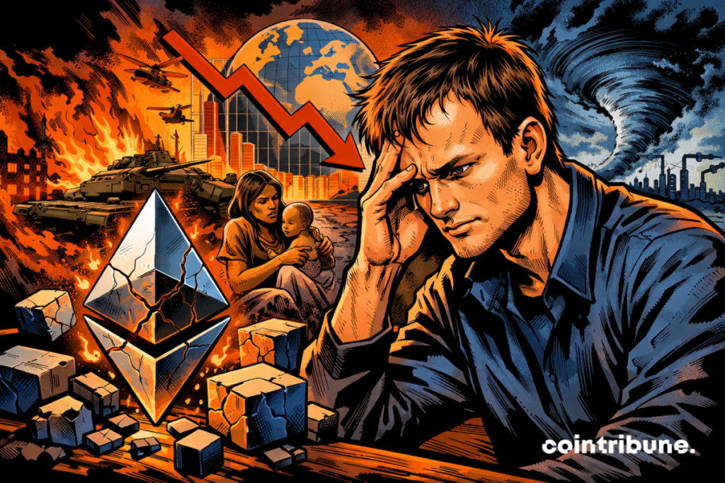 Vitalik Buterin reflete diante de um Ethereum rachado, caos global, crises, incêndios, tornados, famílias em perigo, cores vivas, estilo quadrinhos dos anos 70.