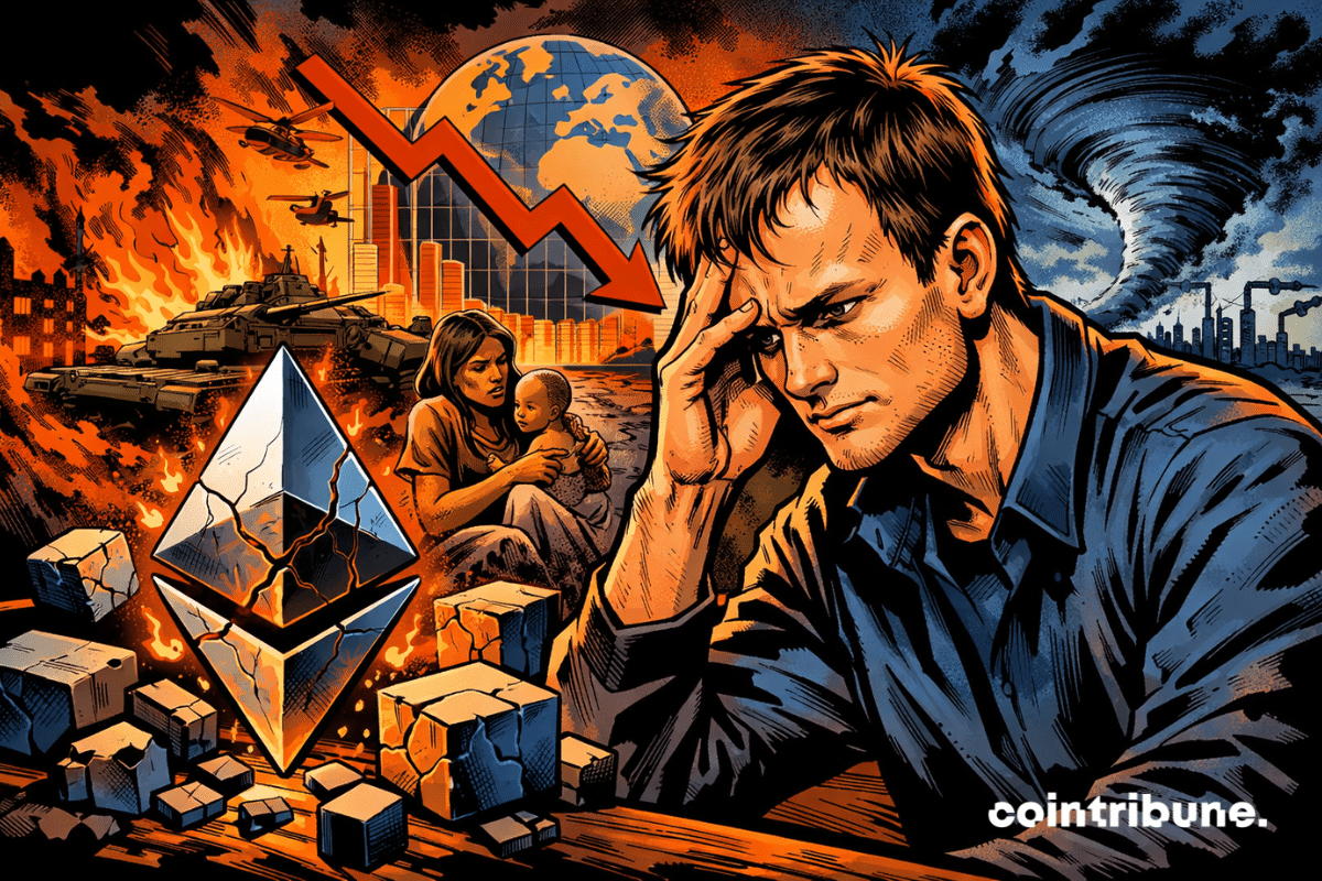 Vitalik Buterin reflete diante de um Ethereum rachado, caos global, crises, incêndios, tornados, famílias em perigo, cores vivas, estilo quadrinhos dos anos 70.