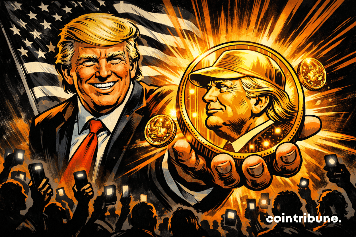Illustration showing Donald Trump holding a gold coin representing the $TRUMP memecoin, in front of an American flag and a crowd raising smartphones.