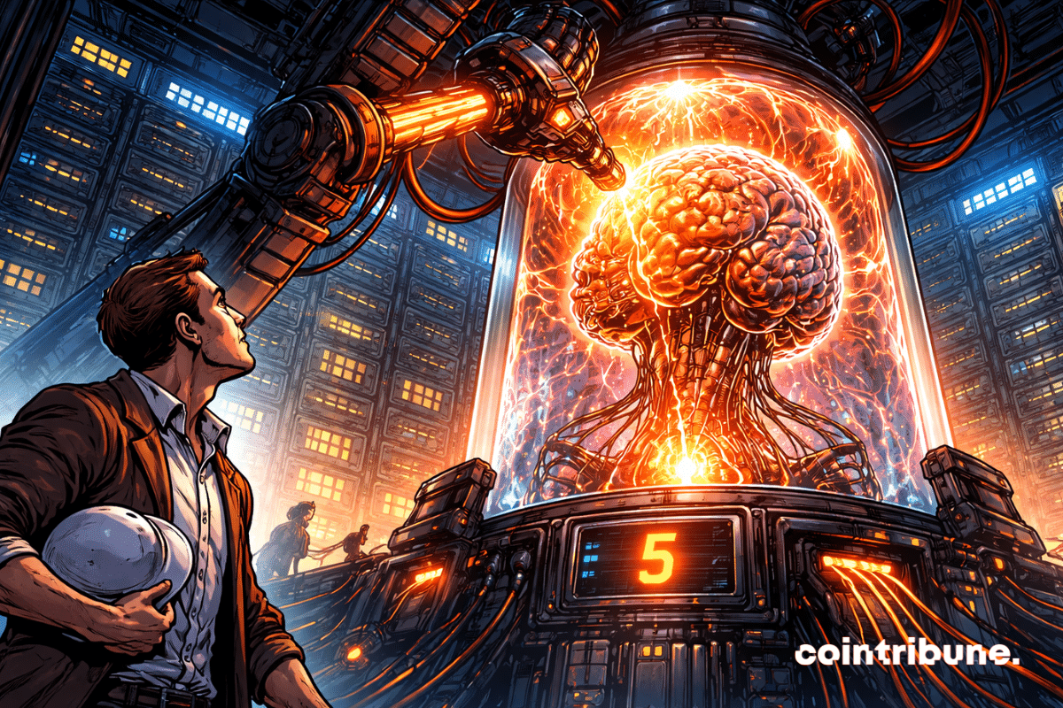 Un ingénieur observe la naissance d’une IA géante, alimentée par une énergie colossale au cœur d’un data center futuriste.