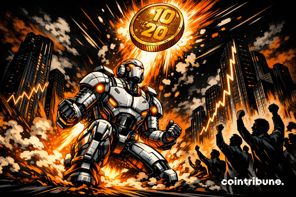 A robot symbolizing artificial intelligence sends a cryptocurrency soaring, sparking investor euphoria and a market rally