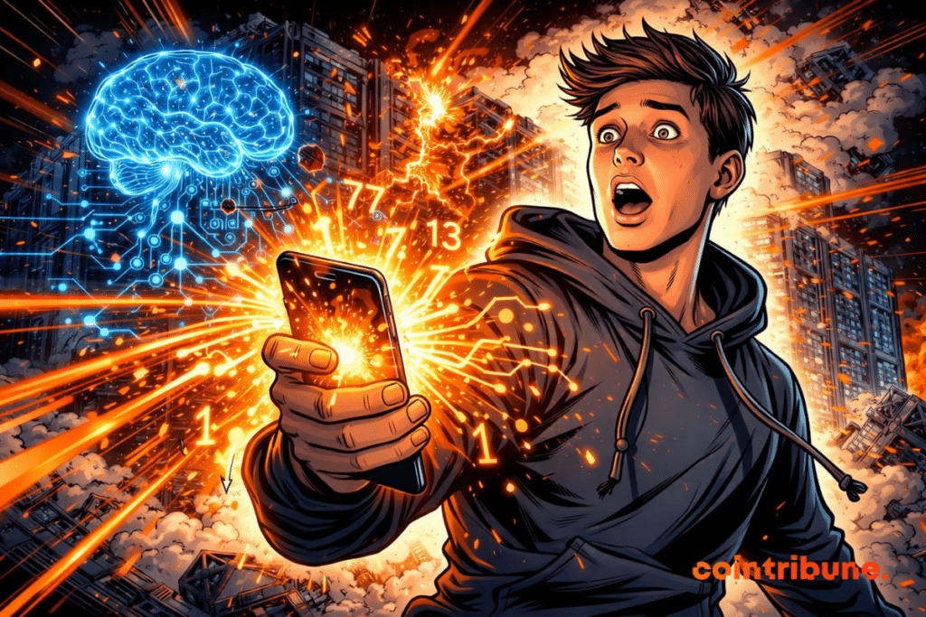 A shocked young man holding a smartphone unleashing an AI power that destroys servers