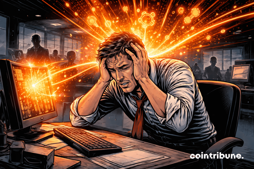 Employé épuisé dans un bureau sombre, submergé par des flux lumineux d’IA orange jaillissant de l’écran vers son cerveau surchargé.