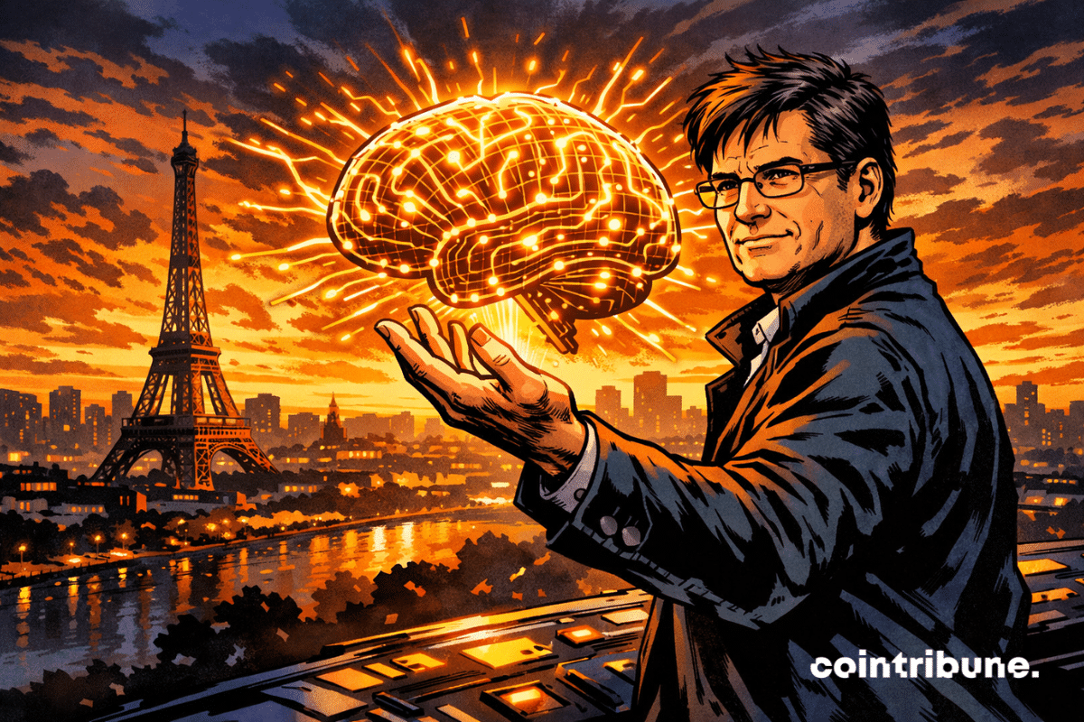 Yann LeCun domine Paris au crépuscule, tenant un cerveau numérique lumineux, symbolisant puissance, innovation et futur technologique impressionnant.