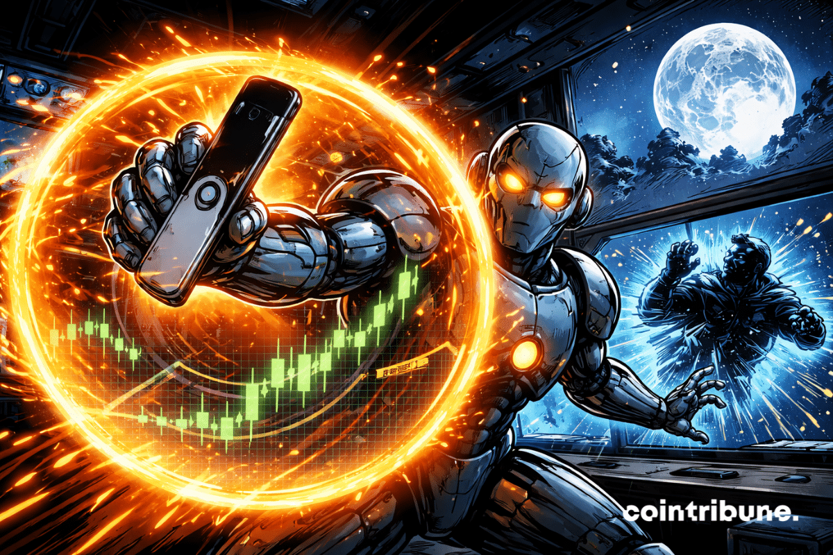 Robô com IA segurando uma carteira de hardware, criando um escudo protetor laranja e repelindo um hacker, diante de gráficos de criptomoedas em alta e de uma lua brilhante.