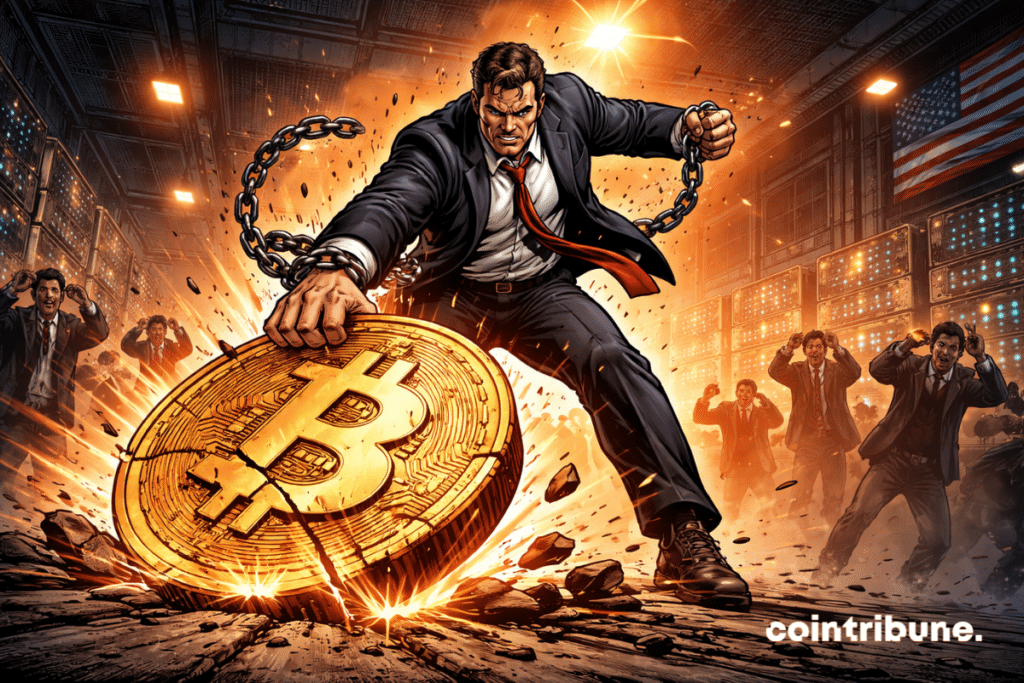 A determined leader smashes a giant Bitcoin statue; chains snap; investors panic; a dramatic industrial atmosphere; a powerful symbol of financial sacrifice and strategic liberation