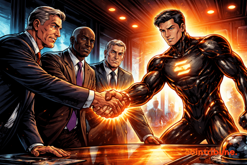 An explosive handshake between traditional finance and futuristic Solana, radiant orange energy, strategic tension in a dimly lit boardroom.