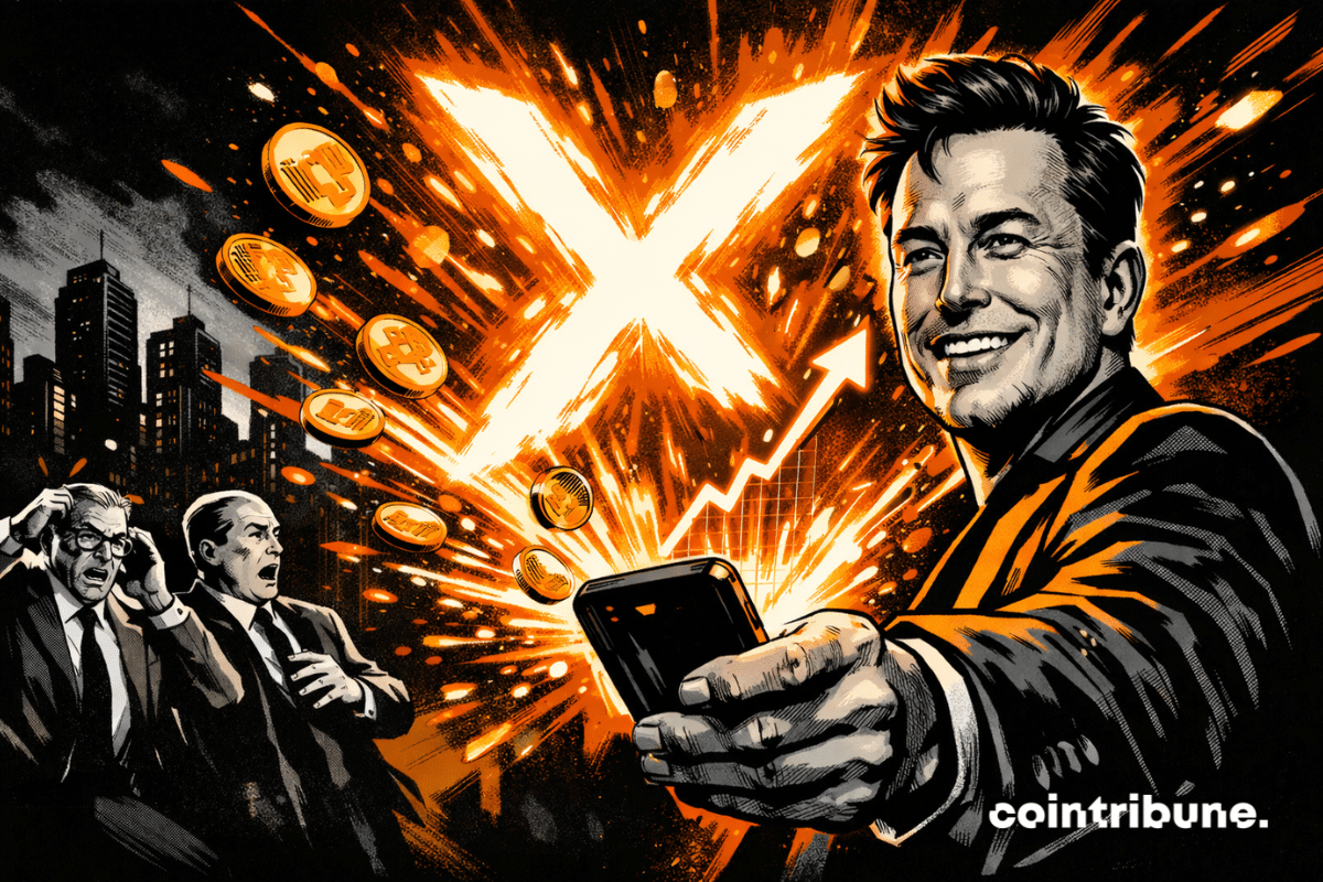 Illustration from a 1970s comic strip: Elon Musk holds up a smartphone from which a bright X bursts forth, while bankers panic. Fintech explosion.