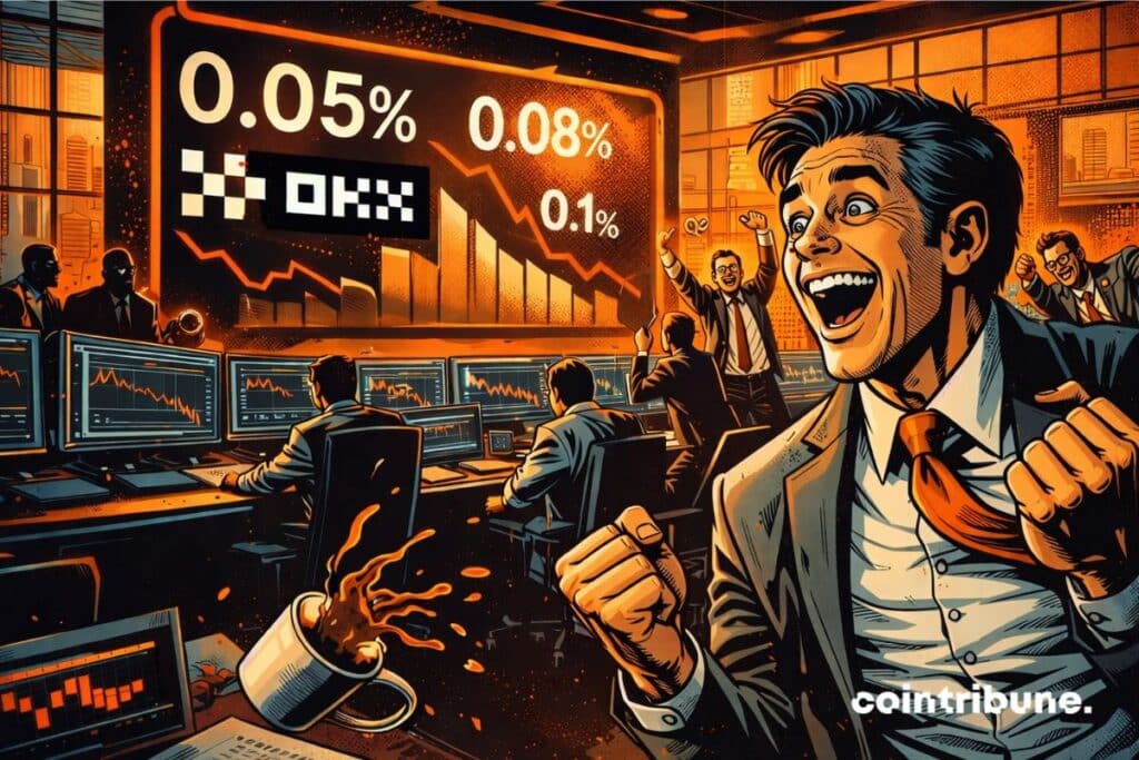 Une salle de trading mettant en avant les faibles frais d’OKX, avec des taux réduits face à la concurrence crypto.