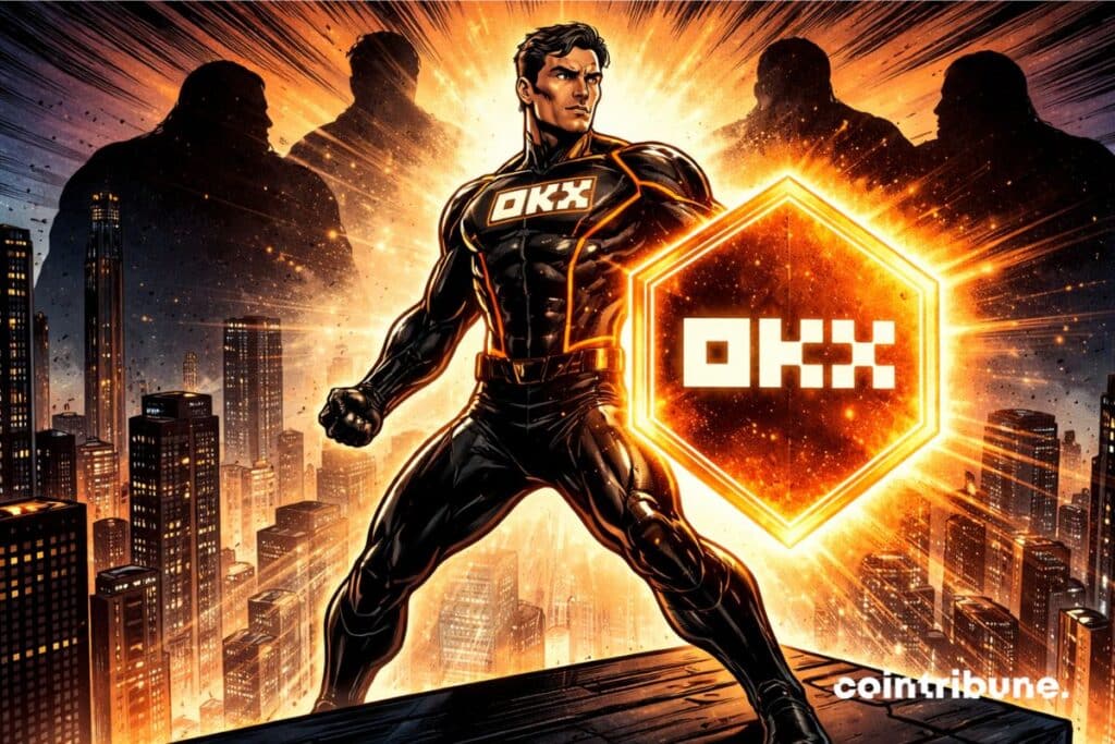 OKX comme un super-héros dominant une ville futuriste, symbole de sa puissance et de son positionnement parmi les meilleurs exchanges crypto.