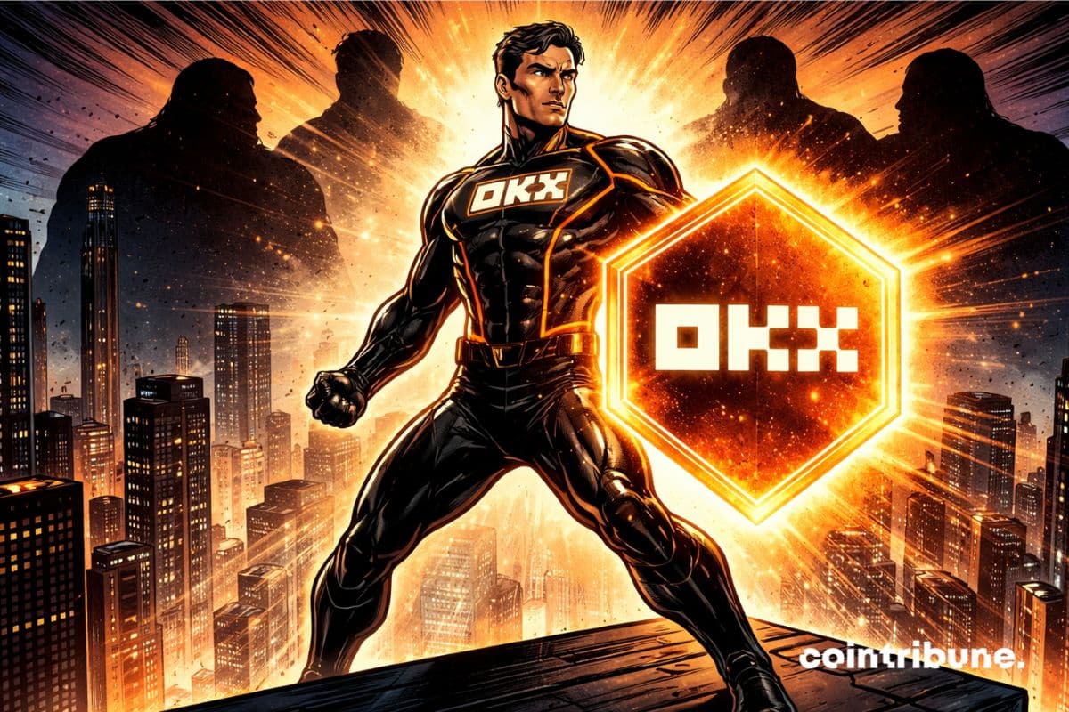 OKX comme un super-héros dominant une ville futuriste, symbole de sa puissance et de son positionnement parmi les meilleurs exchanges crypto.