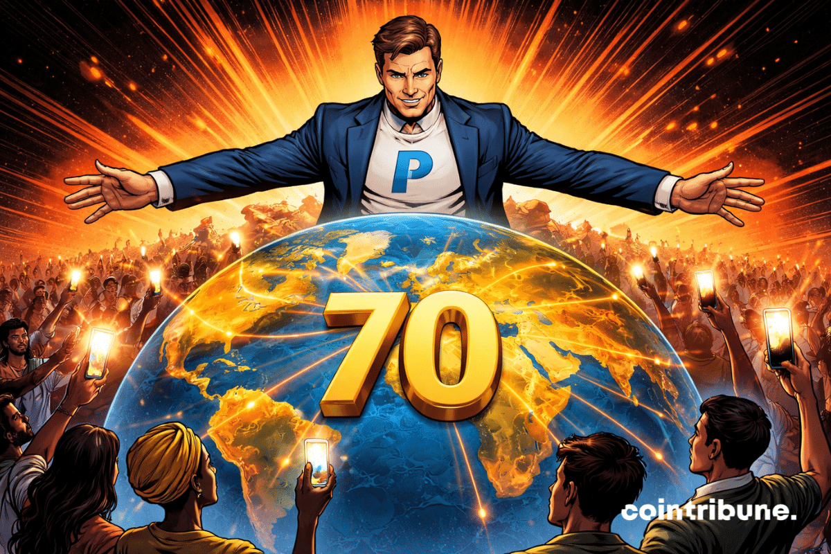 A PayPal mascot stands atop a glowing globe, surrounded by people holding up smartphones, symbolizing global expansion and connectivity thanks to its stablecoin.
