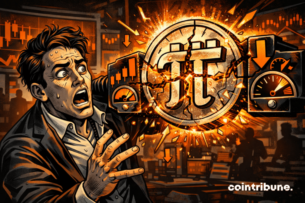 A panicked investor facing a crashing Pi Coin, overwhelmed by bearish signals, in a dark and volatile trading floor.
