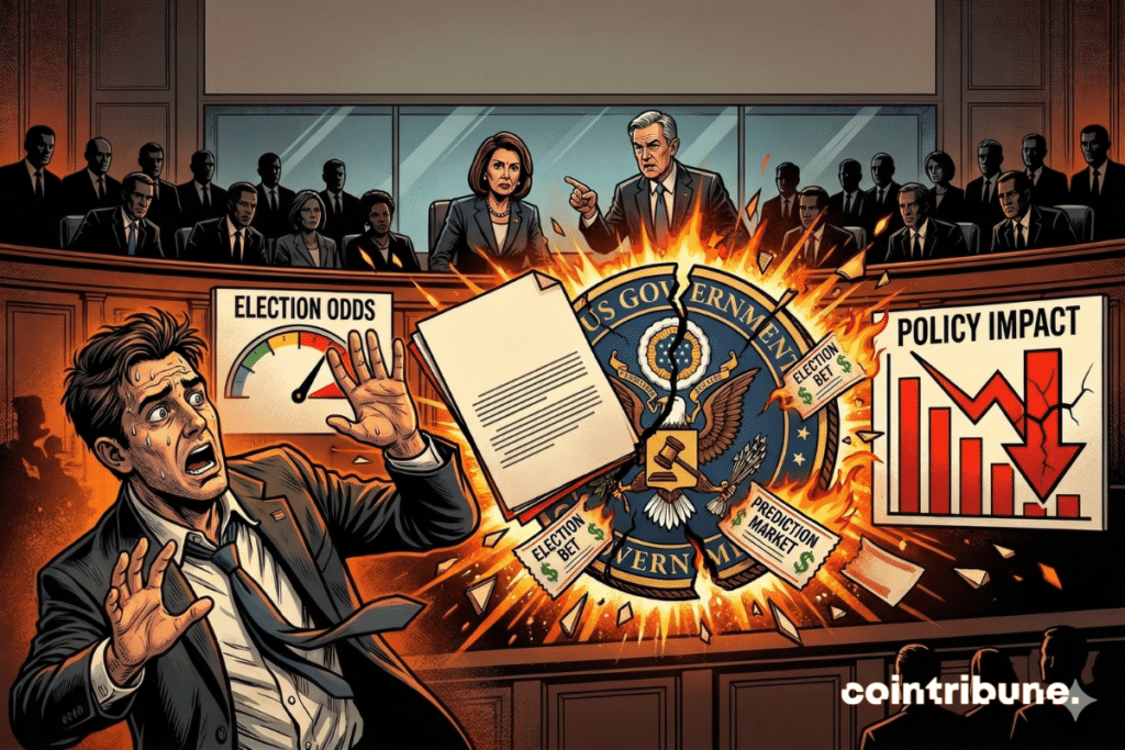 A dramatic illustration of a government official seized by panic at the sight of a government seal exploding, symbolizing the prohibition on the use of insider information in the futures markets.